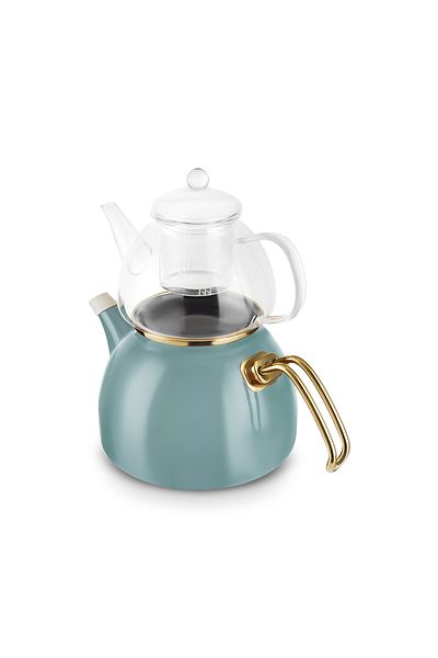 Karaca Aren Enamel Glass Perforated Midi Teapot Set Green