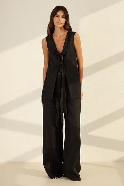 Setre Black 100% Linen Front Tie Detailed Sleeveless Vest and Relaxed Cut Trousers Suit
