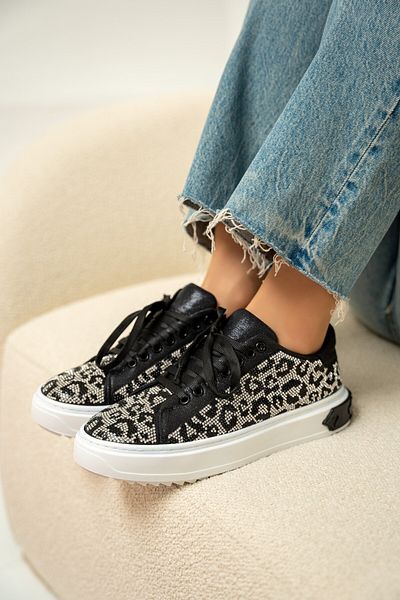 LAMİNTA Pantofi sport confortabili pentru femei cu model leopard negru-argintiu