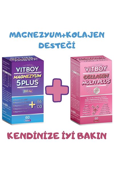 Vitboy Magnesium 5 Plus 60 Tablets 200Mg - Vitboy Hydrolyzed Collagen - Type 1,2,3 Prebiotic 60 Capsules