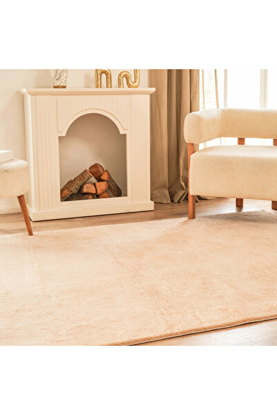 LİNOS HOME Puffy Peluş Halı Bej Yumuşacık Yıkanabilir Kaymaz Taban Yolluk Oturma Odası Mutfak
