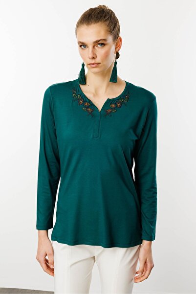 Desen Triko Πράσινη μακρυμάνικη μπλούζα - Γυναικείο κέντημα από χτενισμένο βαμβακερό