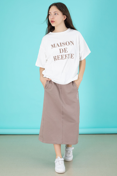 Cansın Mini Kahverengi Kız Çocuk Etekli Baskılı Tişörtlü Takım 20507