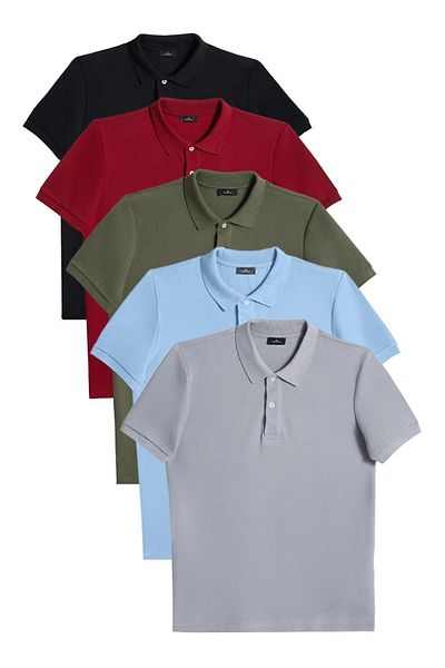 Tudors Мъжка тениска с поло яка Slim Fit, черно-бордо-хаки-синьо-сива, с прилепнал крой, памучен, обикновен пике