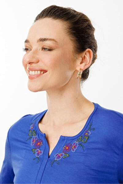 Desen Triko Синя блуза з довгими рукавами - вишивка, жіноча бавовняна тканина