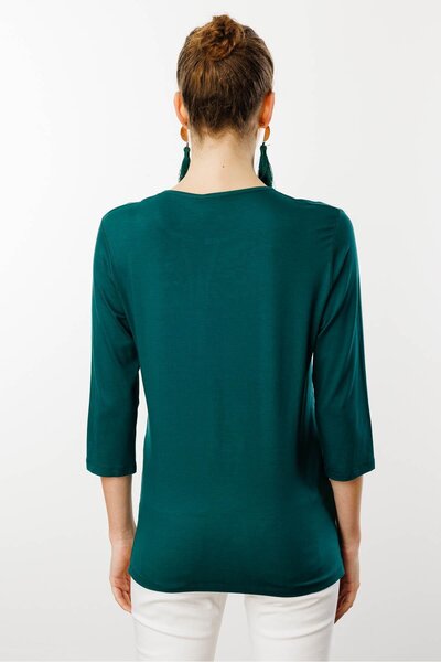 Desen Triko Γυναικεία Πράσινη Βαμβακερή Μπλούζα με Κέντημα με Ανοιχτό Γιακά