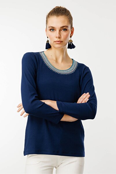 Desen Triko Γυναικεία κέντημα με γιακά O-Neck Κεντημένη βαμβακερή μπλούζα Navy Blue