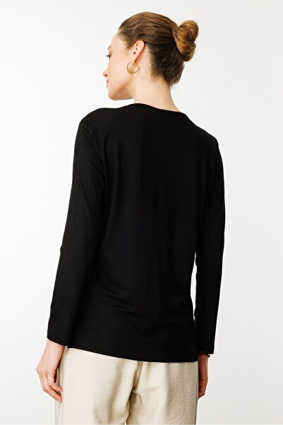 Desen Triko Bluză din bumbac pieptănat cu mânecă lungă brodata pentru femei, neagră