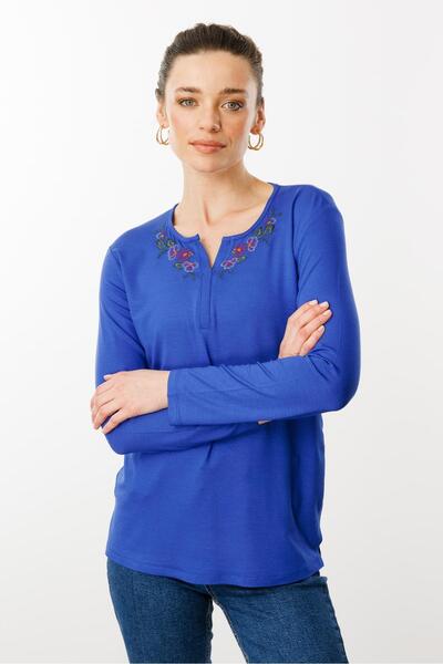 Desen Triko Синя блуза з довгими рукавами - вишивка, жіноча бавовняна тканина
