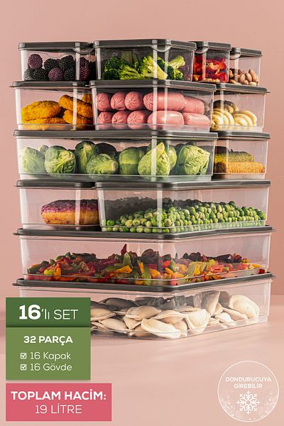 Vienev 16-Piece Refrigerator Organizer Microwaveable Freezer Storage Container Gray
