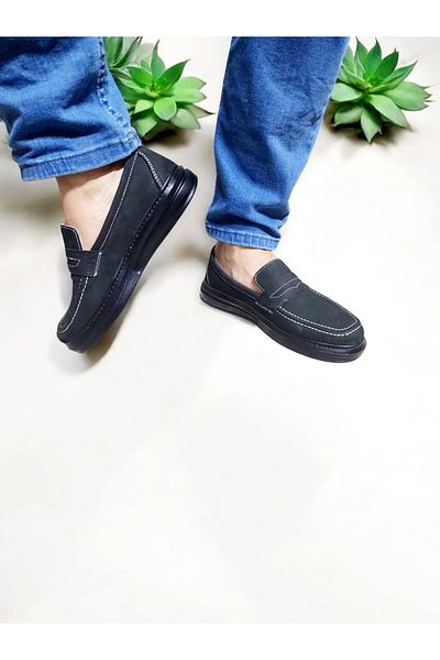 GokceKundura06 Men's Nubuck Leather Black White Sole Stitched Comfortable Casual Shoes