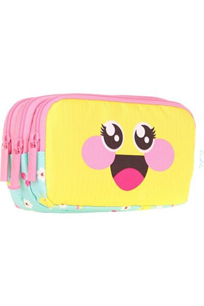 KAUKKO Yellow Pink Cute Daisy - Τσάντα μολυβιού για κορίτσια, τρία διαμερίσματα