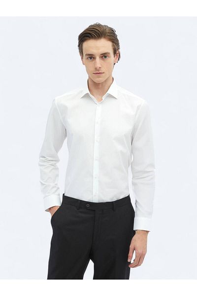 Kip White Plain Regular Fit Woven Classic 100% Cotton Shirt