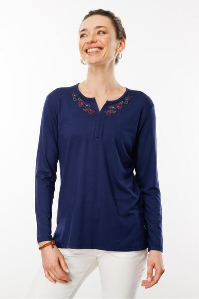 Desen Triko Жіноча вишита блуза з довгими рукавами з трикотажу, темно-синя