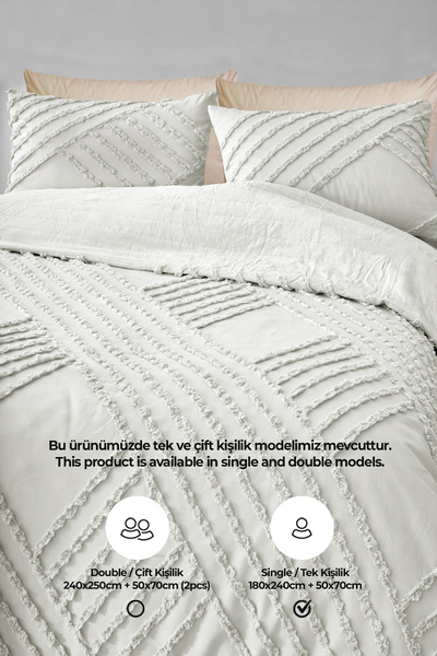 Evlen Home Collection Pamuklu Kabartmalı Yatak Örtüsü Takımı Tek Kişilik Nora Günlük Boho 2 Parça Elyaf Dolgulu Beyaz