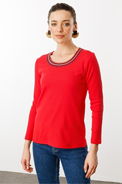 Desen Triko Жіноча блуза з круглим вирізом, вишивка, бавовна, червона