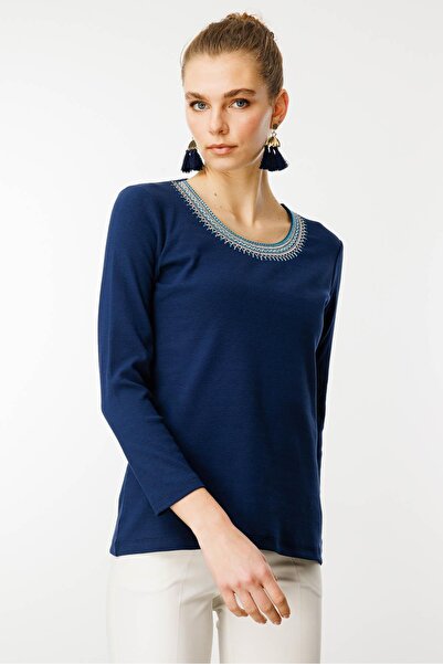 Desen Triko Γυναικεία κέντημα με γιακά O-Neck Κεντημένη βαμβακερή μπλούζα Navy Blue