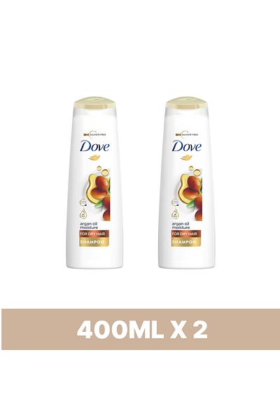 Dove Shampoo hydrates dry hair, Argan Oil Moisture, no dyes, parabens or sulfates, 400 ML pack of 2