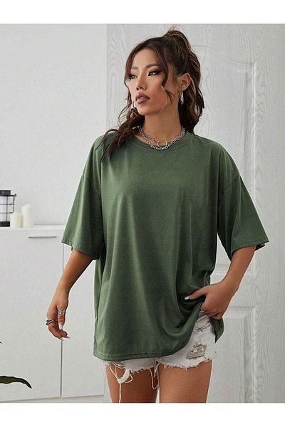 Know Women's Khaki Vertical Butterflies Printed Oversize T-Shirt