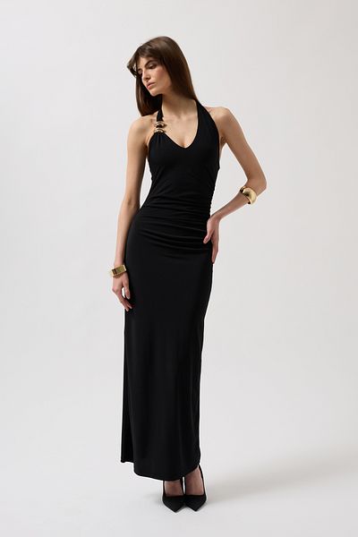 Black Fashion Accessory Detail Maxi Black Dress