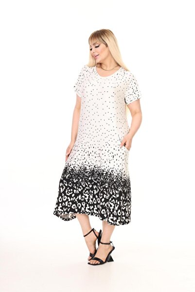 mami butik Plus Size Short Sleeve Above Knee Double Pocket Standard Size Stylish Comfortable Viscose Combed Cotton Dress