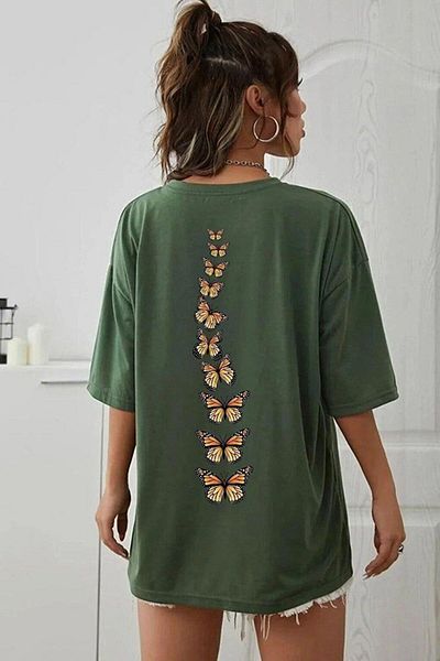 Know Women's Khaki Vertical Butterflies Printed Oversize T-Shirt