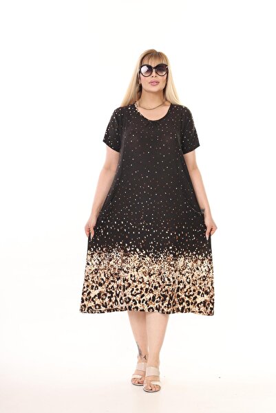 mami butik Plus Size Short Sleeve Above Knee Double Pocket Standard Size Stylish Comfortable Viscose Combed Cotton Dress