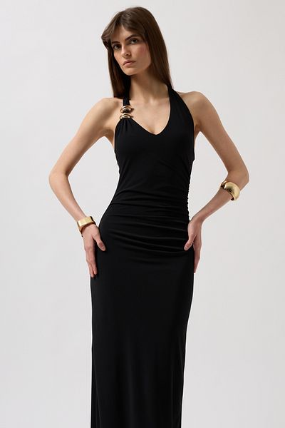 Black Fashion Accessory Detail Maxi Black Dress