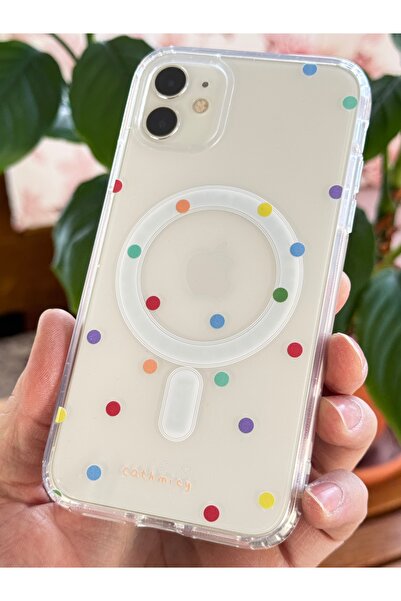 Fibaks Apple iPhone 12 Kılıf Magsafe Wireless Şarj Destekli Renkli Benekli Nokta Desenli Şeffaf Kapak