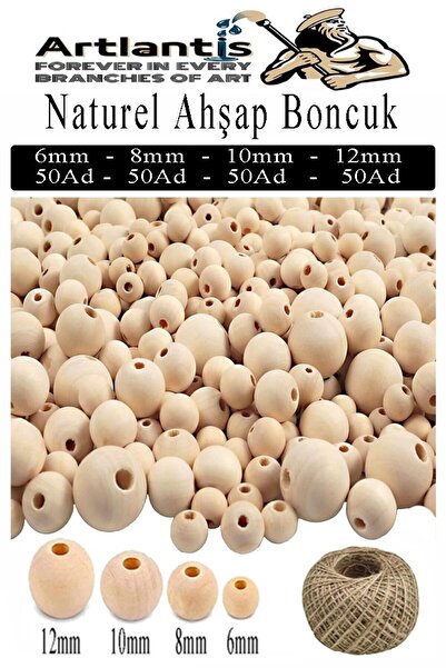 Artlantis Naturel Ahşap Boncuk 200 lü 1 Paket Jüt İpi Ham Boyanabilir Ahşap Y...