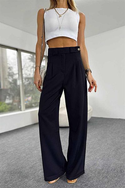 Butik Gardrop Crepe Fabric High Waist Loose Palazzo Trousers Black