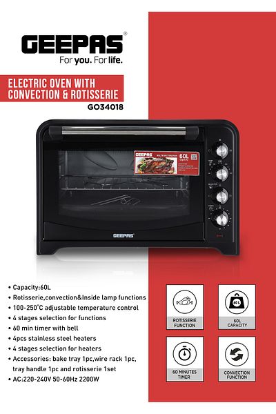Geepas 60L Electric Oven with Convection & Rotisserie - 2200W Grill Function