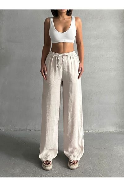 BEJNA Ecru Palazzo-Hose aus weichem Modal mit elastischem Bund für Damen