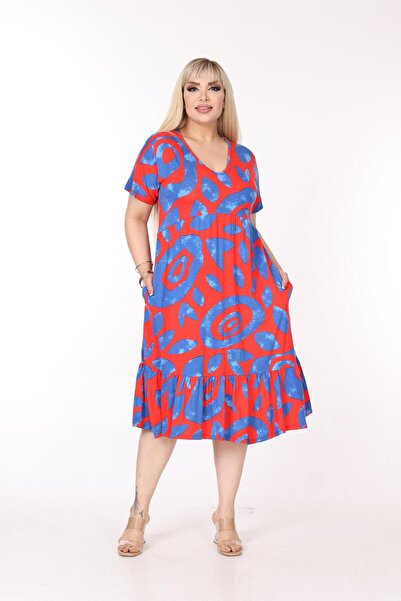 mami butik Large Size V-Neck Short Sleeve Robe Skirt Gathered Madi Size Viscose Combed Cotton Stylish Comfortable Dress