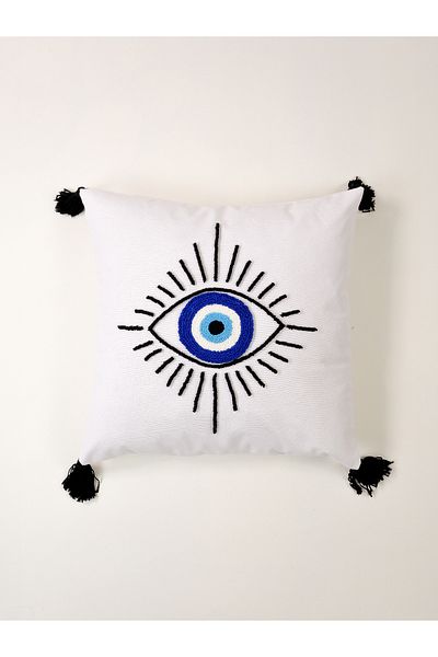 Galia Tasarım Evil Eye Bloom - Husă de pernă cu ochi cu mărgele Nazar - alb