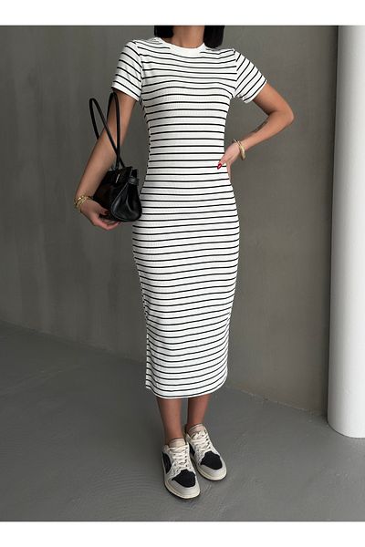 BEJNA Weißes, gestreiftes, dehnbares, langes Strickkleid für Damen mit Schlitz