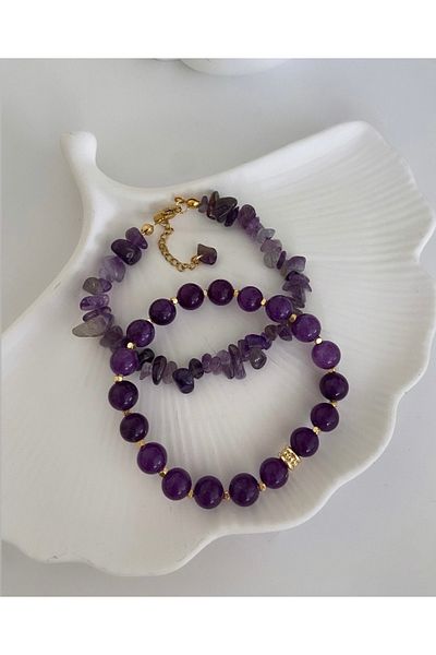 TARZ-I TAKI (Two Bracelets) Natural Stone Purple Amethyst Double Combination Gold Plated Women's Bracelet Mother Beloved Gift