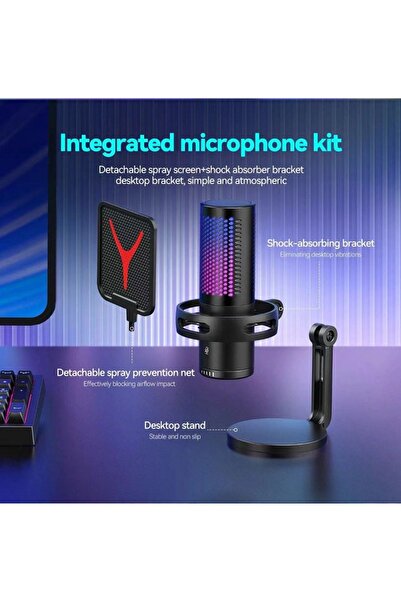 Yanmai ميكروفون USB مع مرشح بوب، ميكروفون كمبيوتر مع حامل ثلاثي القوائم، أوضاع RGB قابلة للتعديل