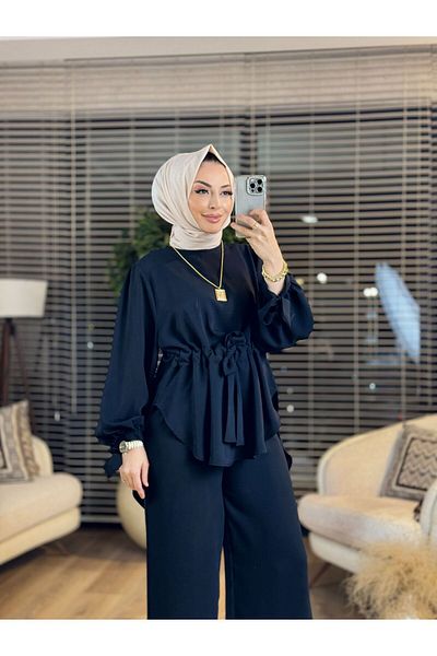 ALANURMODA 7468 Gathered Waist Tunic Trousers Set