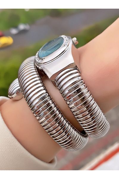 Merand Stoned Snake Model Silver Colored Special Design Women's Wristwatch and Bracelet Gift