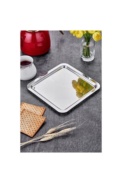 ARVALE 6Pcs Luxury Square Gondor Tray - Stainless Steel & Silver Color, 21X21Cm Coffee Serving Presentation Tray & Saucer