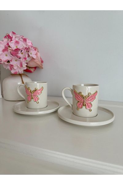 WERONY Set of 2 Porcelain Coffee Finn Cups with Butterfly Figure, 4 Pieces 100ml