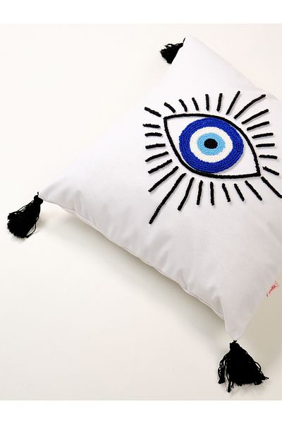 Galia Tasarım Evil Eye Bloom - Husă de pernă cu ochi cu mărgele Nazar - alb