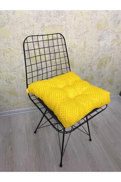 lazilla Sarı Renk Sandalye Minderi Düğme Dikişi Detaylı 40x40cm Bağcıklı
