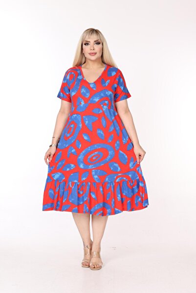 mami butik Large Size V-Neck Short Sleeve Robe Skirt Gathered Madi Size Viscose Combed Cotton Stylish Comfortable Dress