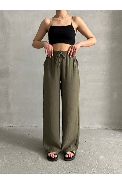 BEJNA Khakifarbene Palazzo-Hose aus weichem Modal mit elastischem Bund für Damen