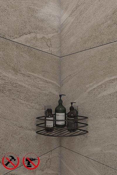 BellaBagno Organizator de raft de baie cu adeziv negru inoxidabil EK01.S, suport pentru șampon de colț negru