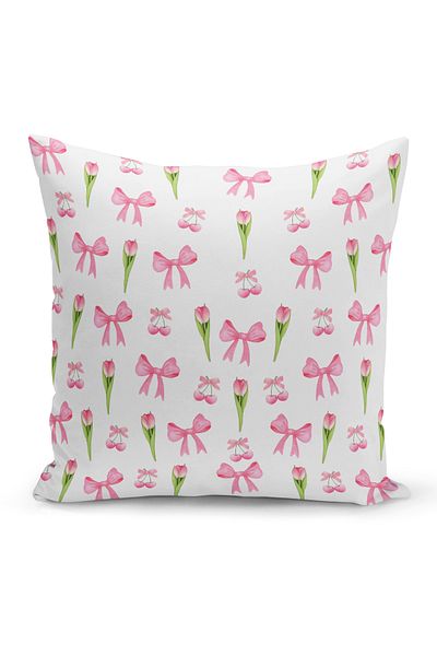 Bertille Home Κάλυμμα μαξιλαριού με ριχτάρι σειράς Cherry Bow διπλής όψης με ψηφιακή εκτύπωση (Cherry with Bow)