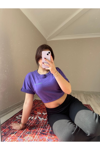 Kısa Kollu Bisiklet Yaka Belden Lastikli Crop T-Shirt