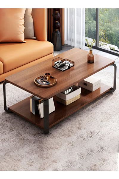 Taimi Wooden Coffee Table Modern Design with Double Layer Storage Space and Metal Legs,120x60x43cm